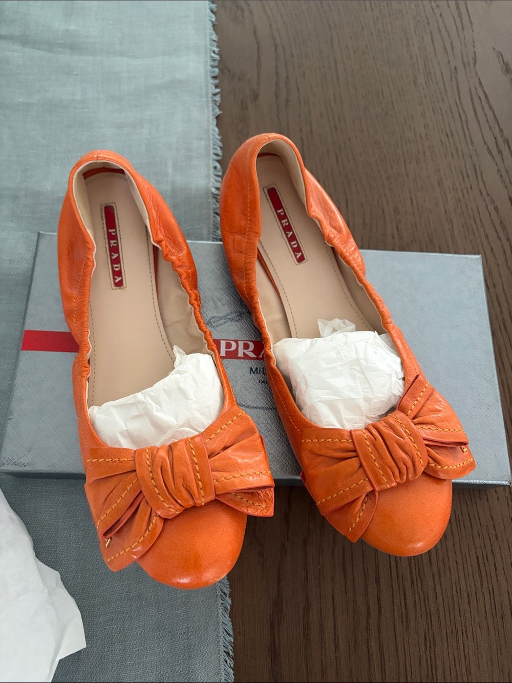 Prada Men’s Orange Leather Ballet Flats with Bow Accent - Picture 2 of 4